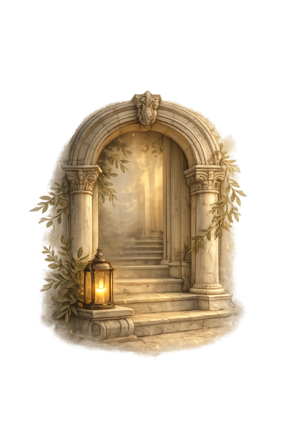 Classical archway vignette with marble steps, laurel leaves, soft drapery, and a glowing lantern.