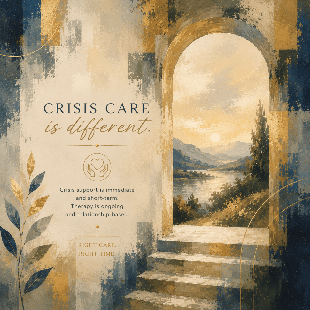 Abstract square image with layered brushwork, a stone archway, steps, and a calm landscape beyond.