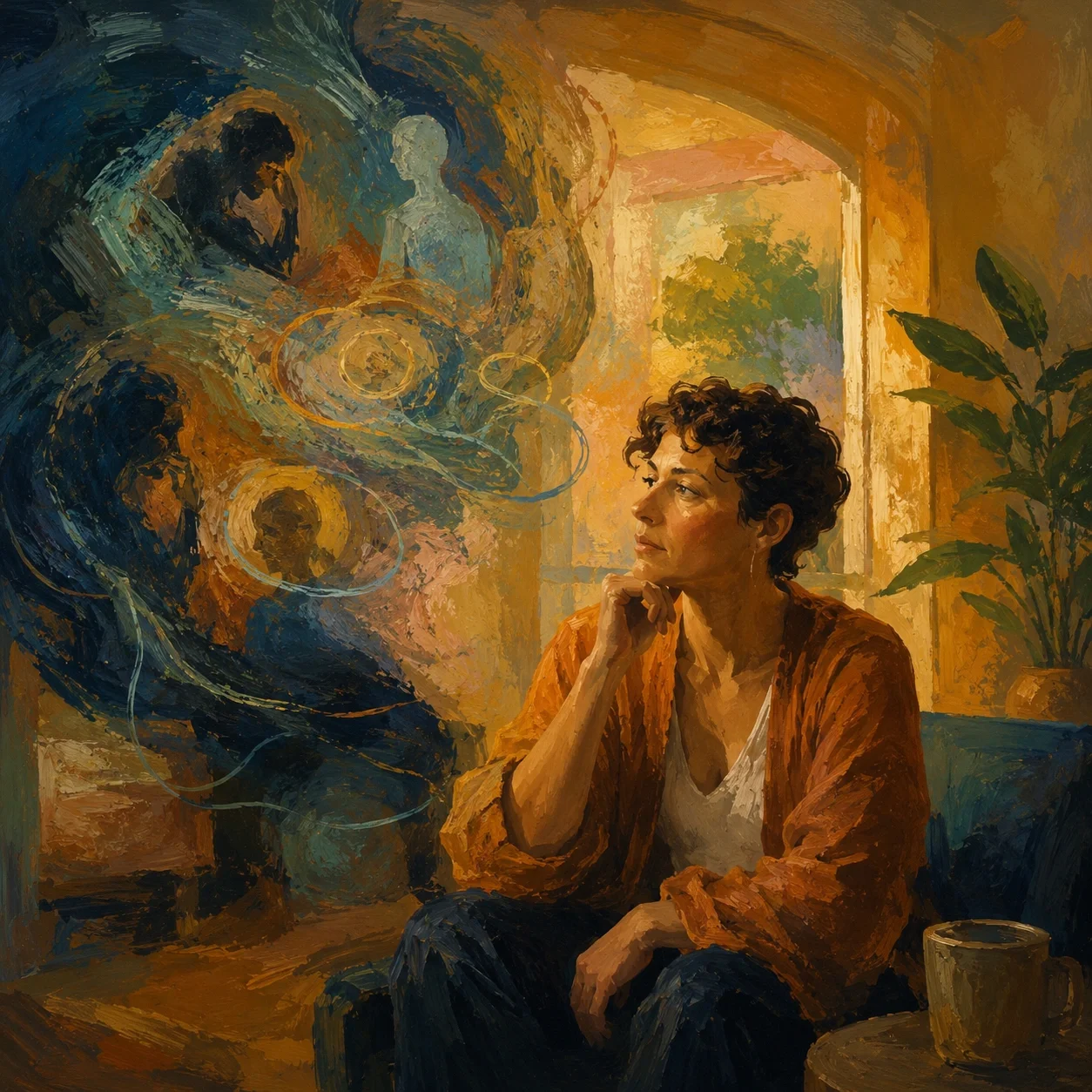 Expressionist-style image of an adult in a warm interior, sitting beside swirling forms and shadowed figures that suggest anxiety held with curiosity and reflection.