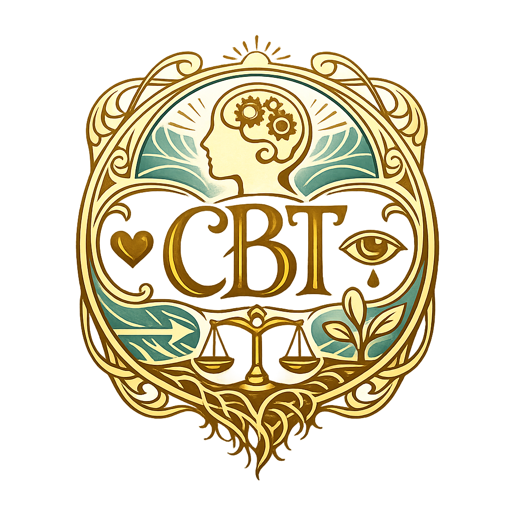 Art Nouveau-style transparent icon for cognitive behavioral therapy, featuring an ornate emblem with symbols of thought, emotion, insight, balance, and growth.