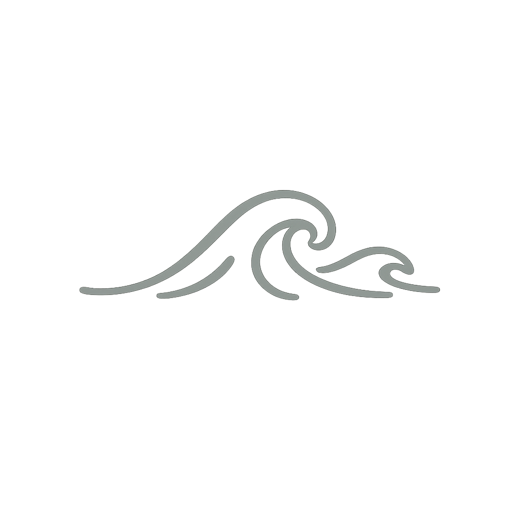 Minimal monoline wave icon in muted Forest Sage with smooth flowing curves, symbolizing calm, resilience, emotional balance, and steady forward movement.