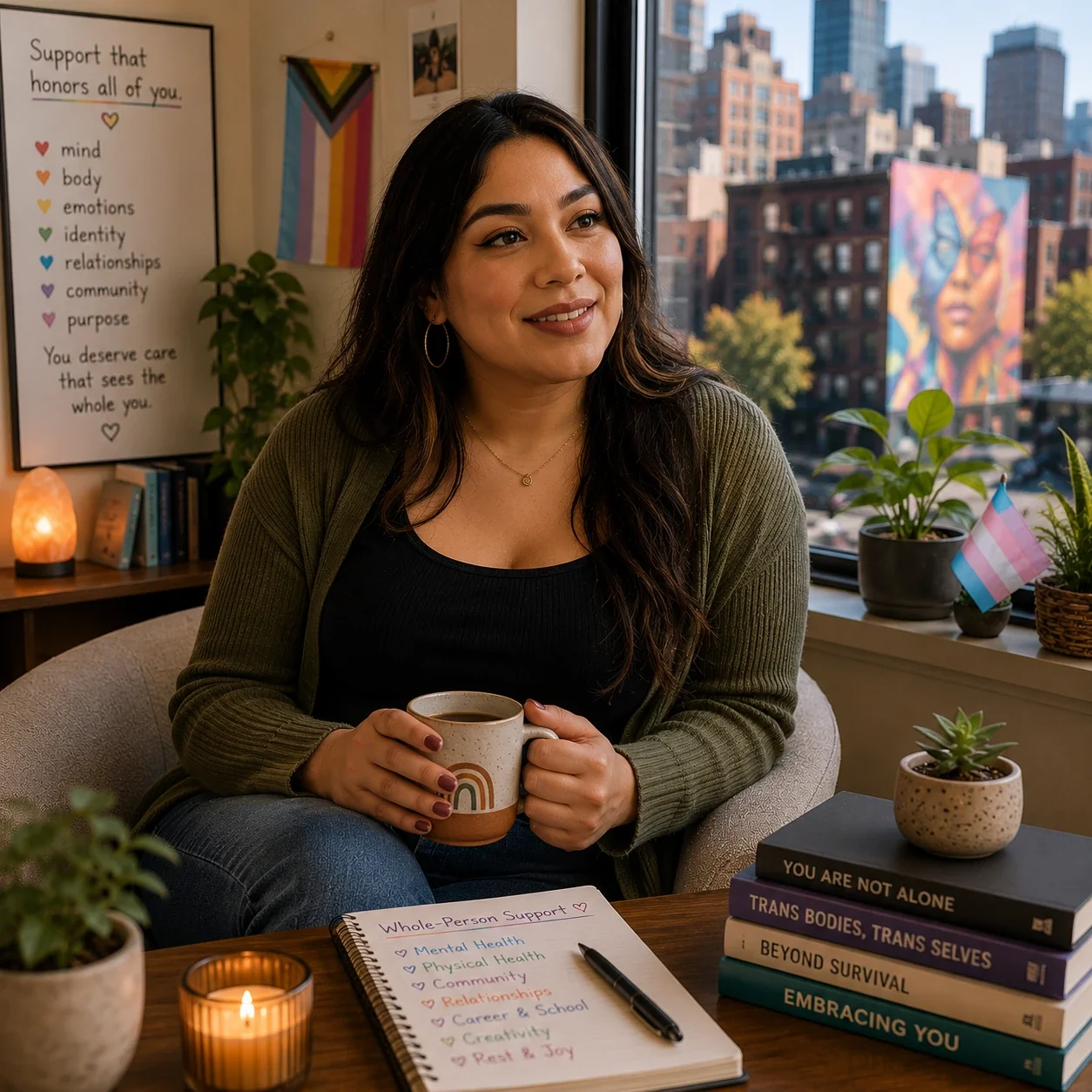 A Latina trans woman sits in a warm urban therapy space, holding a mug near plants, books, and a city window.