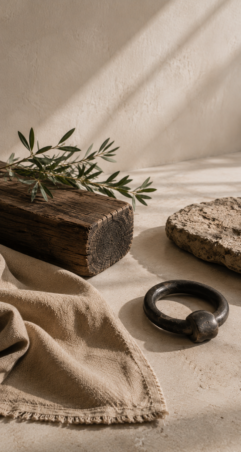 Weathered hardwood, forged metal, textured stone, natural canvas, and sage foliage rest openly in soft daylight, retaining their strength and history while suggesting rest, autonomy, and possibility.