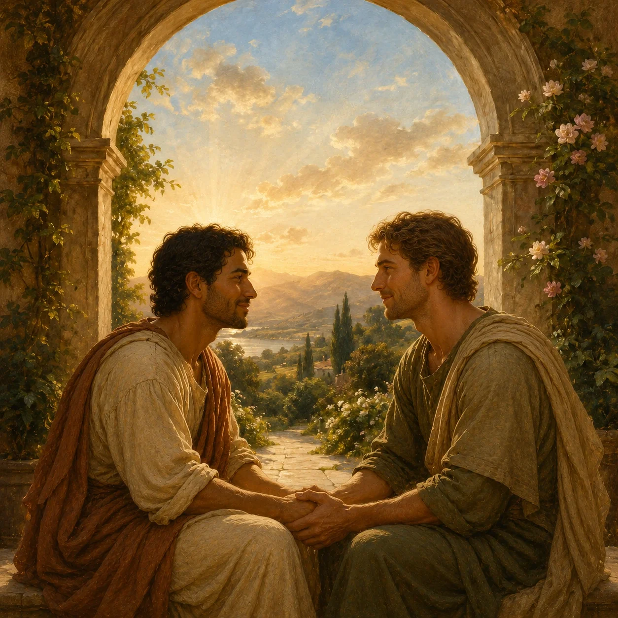 Two men sit beneath a sunlit stone archway, holding hands and facing one another with a peaceful garden landscape behind them.