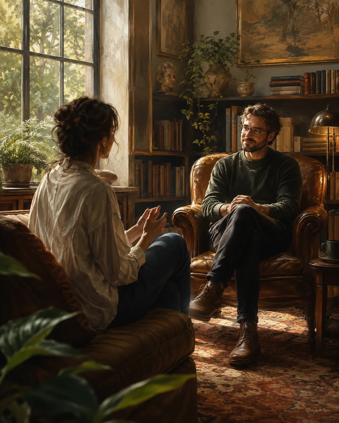 A client and therapist sit in a warm sunlit study, surrounded by books, plants, and soft academic decor.