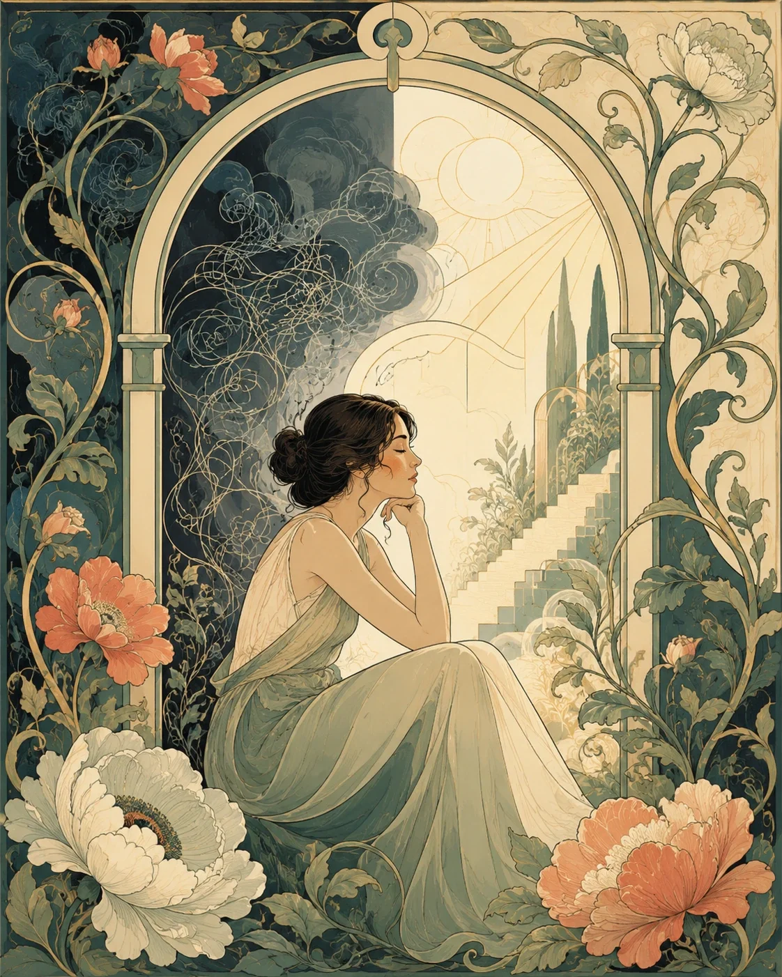 Art Nouveau-style illustration of a calm adult seated beneath an archway, with tangled dark thought patterns shifting into warm light and an orderly path, symbolizing cognitive behavioral therapy.
