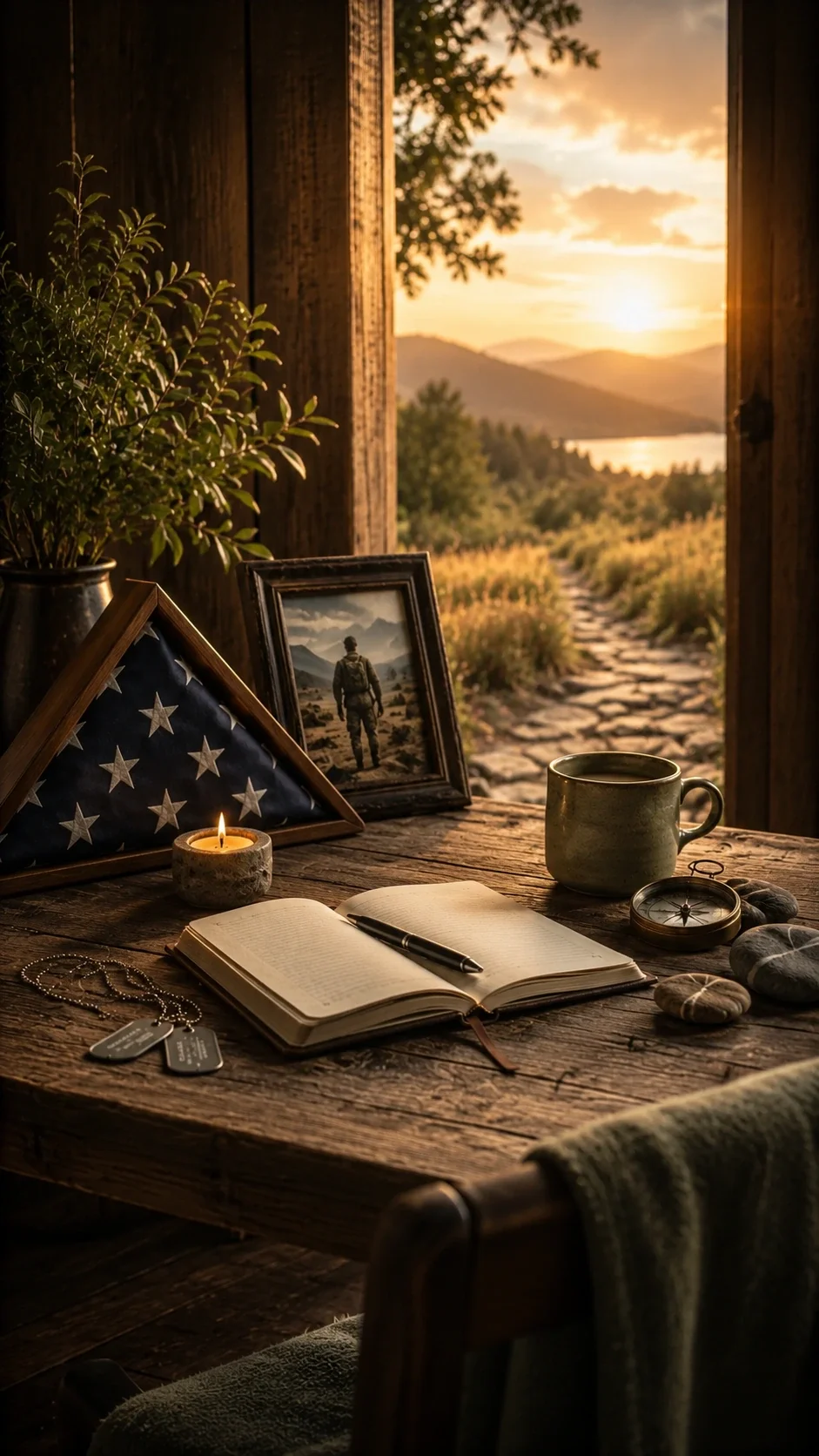 Quietly powerful veterans hero image with a folded flag display, dog tags, candle, open journal, compass, coffee mug, framed photo of a service member, and a sunlit mountain path beyond an open doorway.