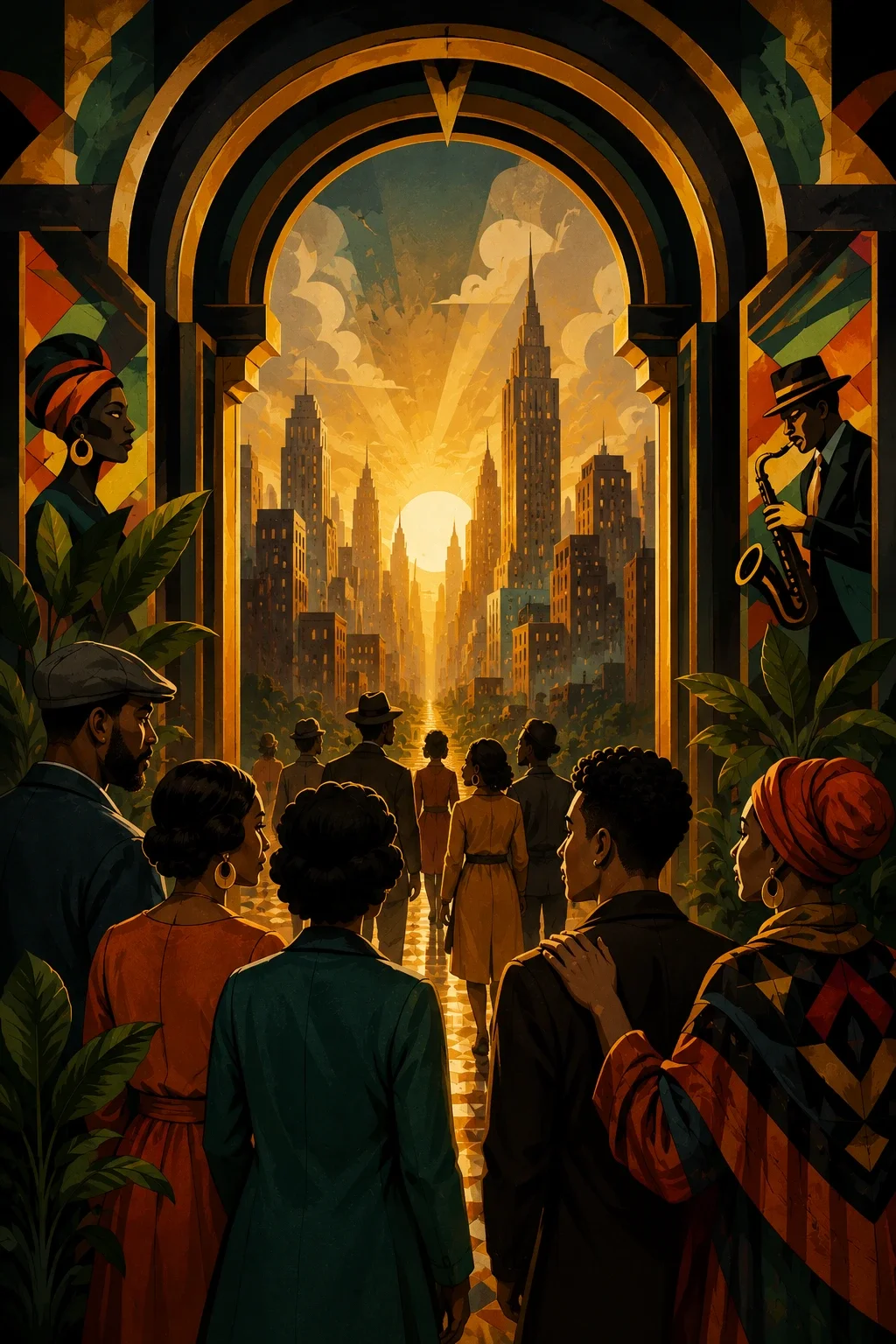 Harlem Renaissance-inspired scene of people walking together through a golden archway toward a sunlit city.