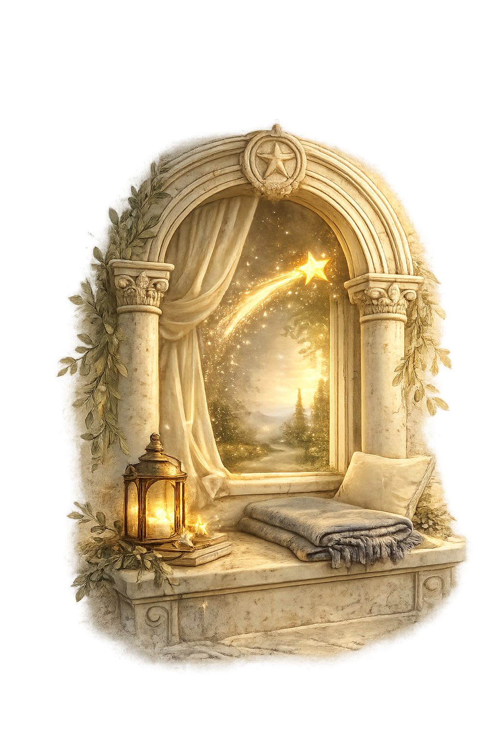 Classical alcove with a glowing lantern, folded blanket, laurel branches, and a warm starlit path beyond the window.