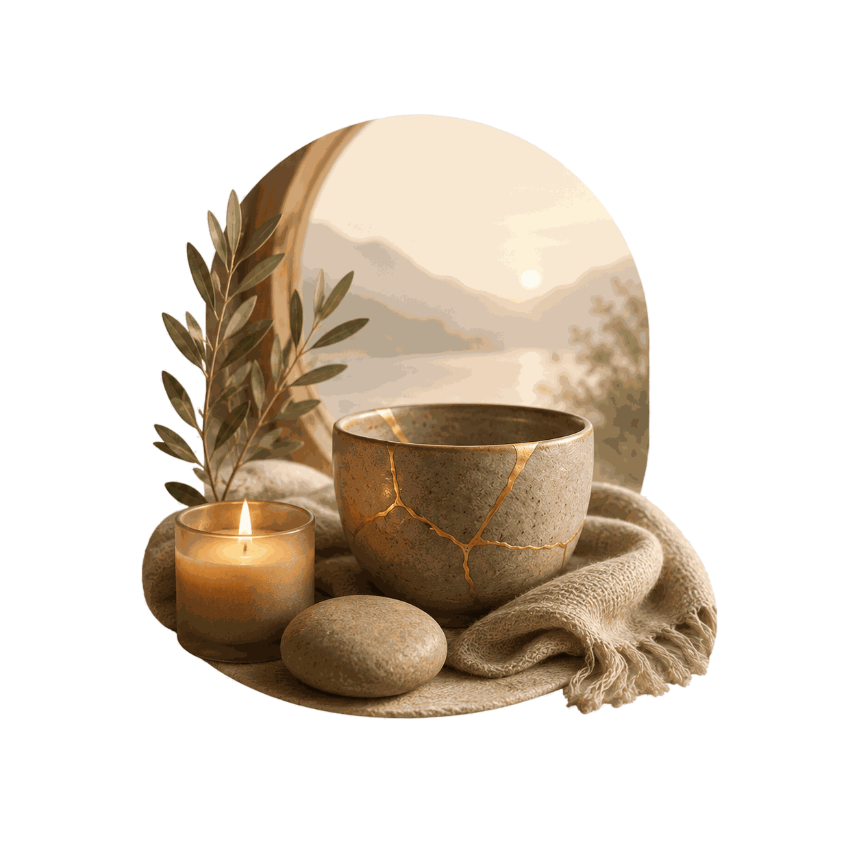 Serene trauma and shame icon with a repaired ceramic bowl, candlelight, smooth stone, soft fabric, olive branch, and quiet water view.