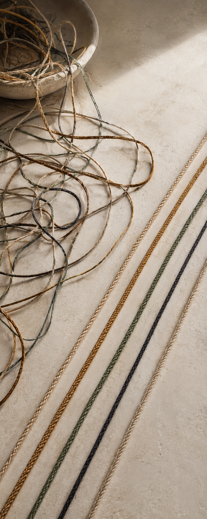 Several natural threads arranged from a loose tangle into clear parallel lines