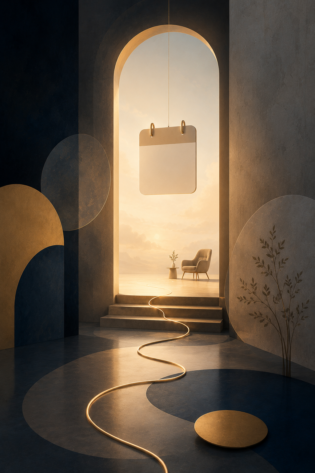 conceptual vertical artwork showing a softly illumintated archway with a suspended blank calendar page