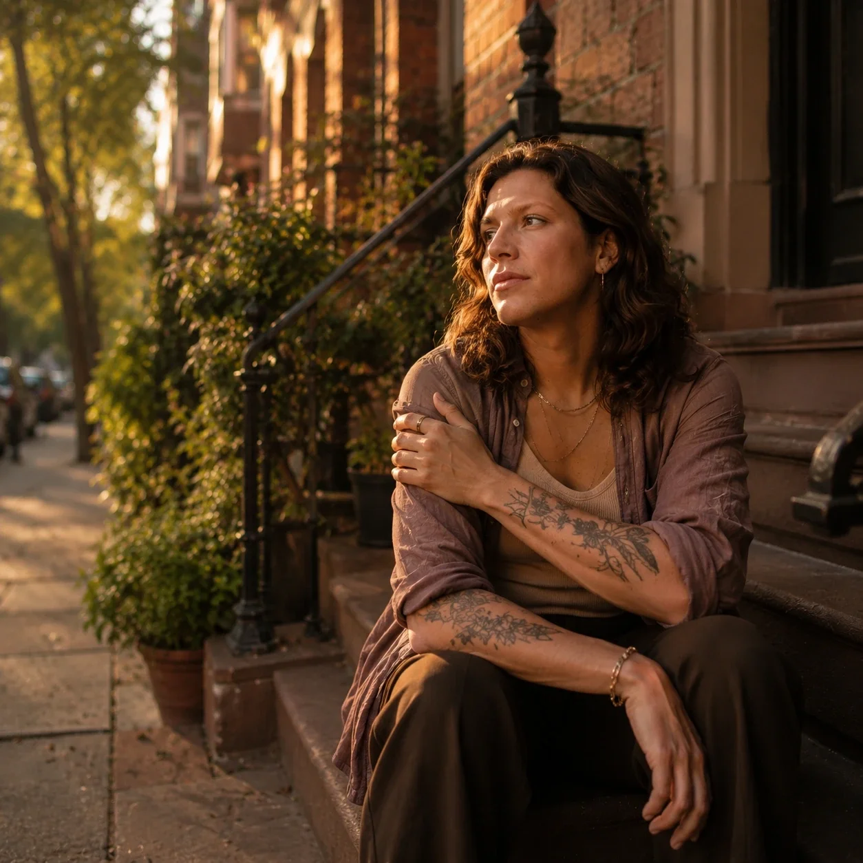 A thoughtful person sits on a city stoop in warm golden light, holding their shoulder while looking into the distance.