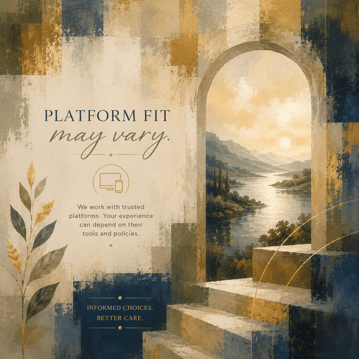 Abstract square image with layered brushwork, a stone archway, steps, and a calm landscape beyond.