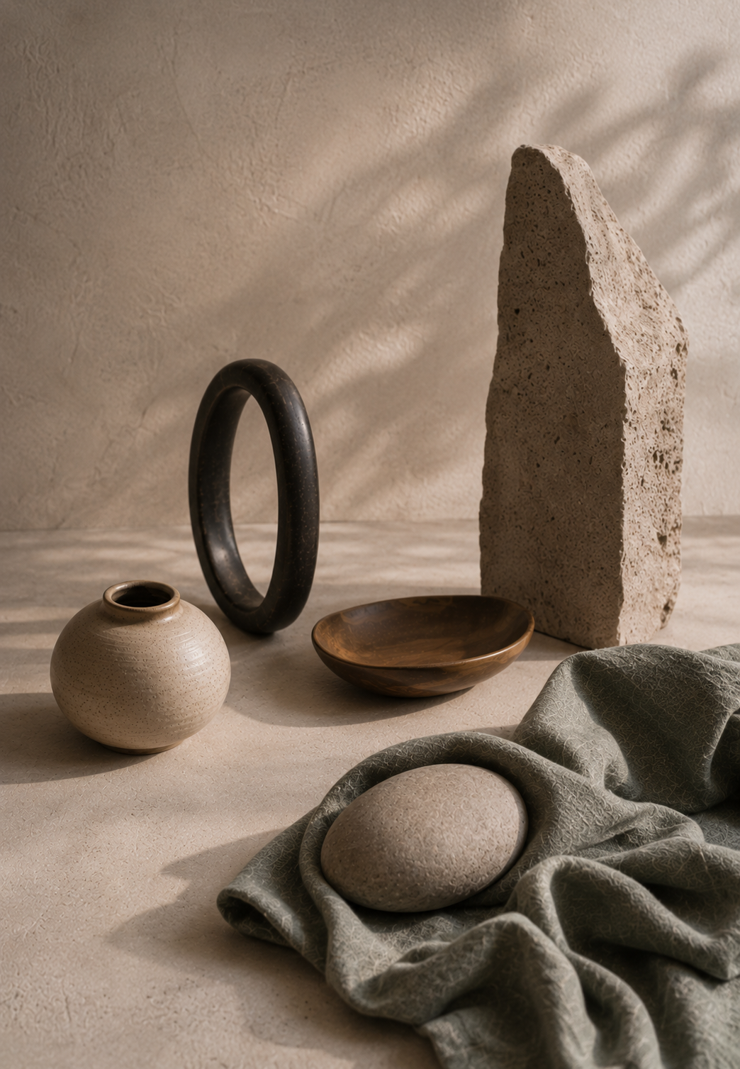 Soft sage textile, ceramic, wood, stone, and dark metal rest loosely in diffuse daylight with open space between them, suggesting reduced tension, exhaustion, support, dignity, and rest.