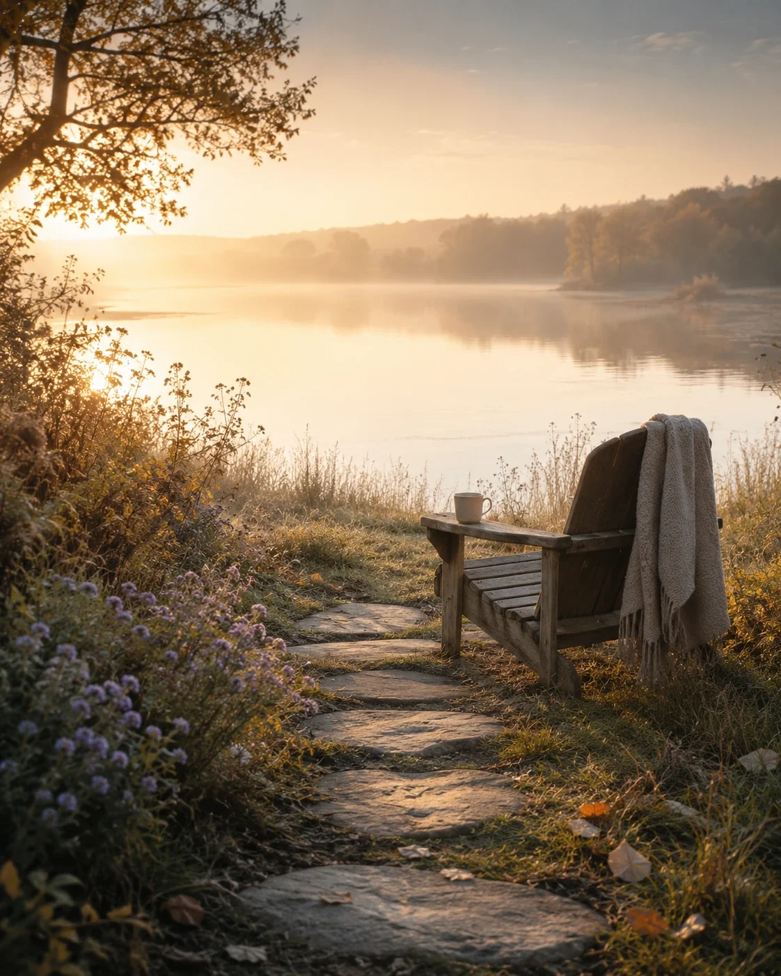 Reflective lakeside path with a quiet chair, soft blanket, warm light, and still water symbolizing grief and loss support.