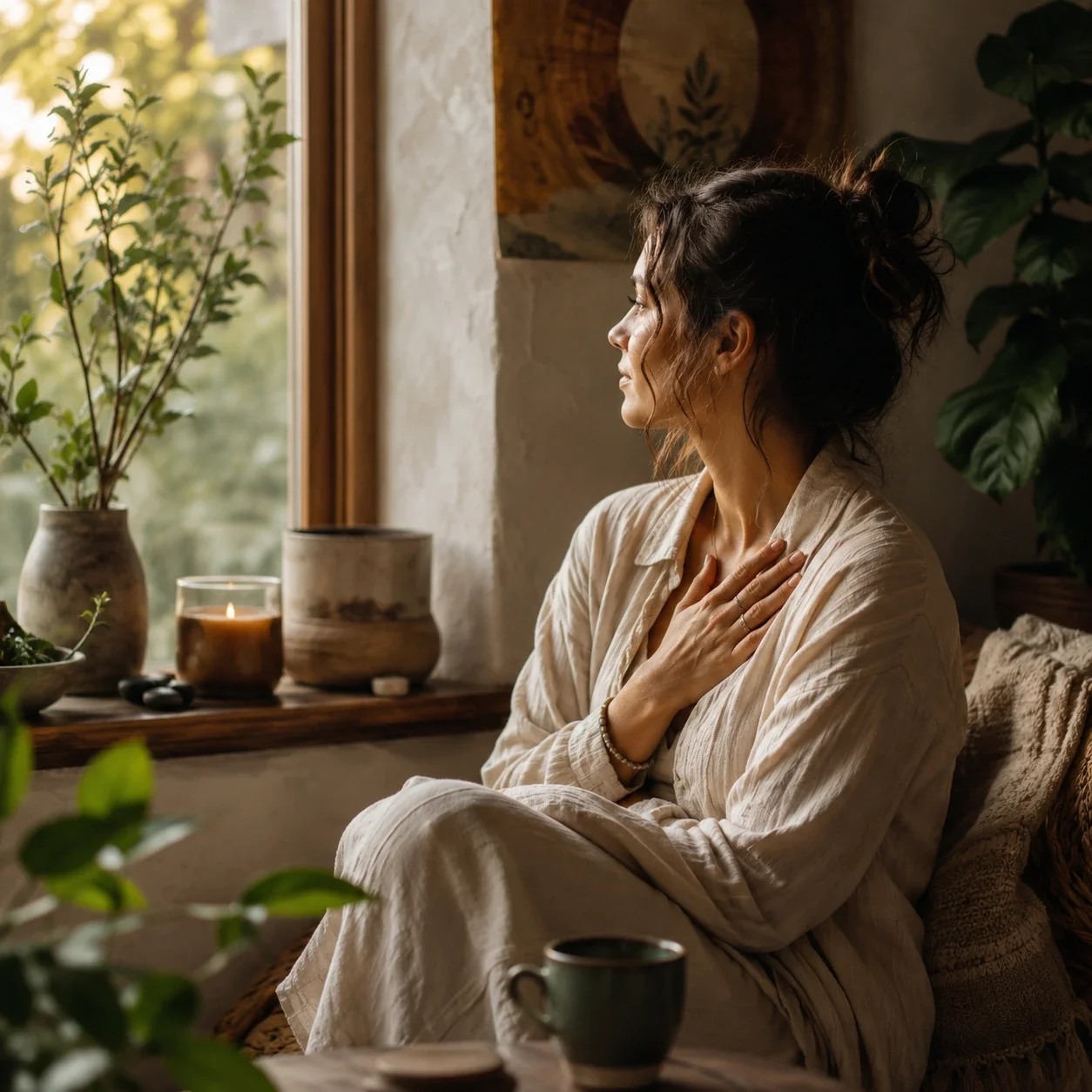Person sitting by a sunlit window with plants and natural textures, reflecting in a calm, restorative space.