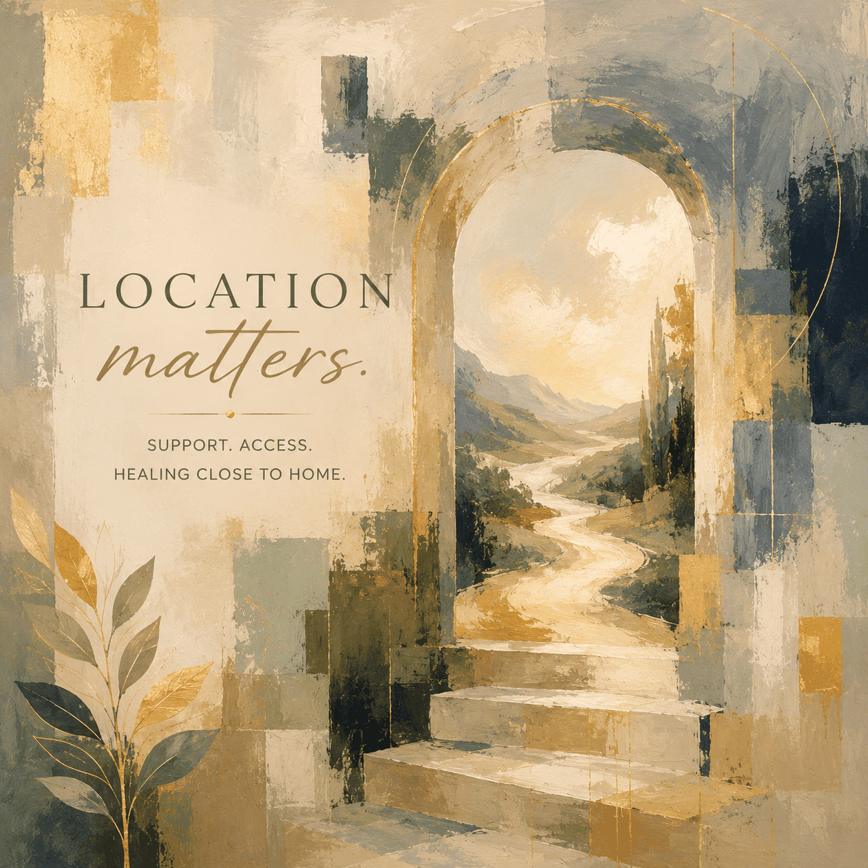 Abstract square image with a stone archway, layered brushwork, and a winding path leading into a distant landscape.