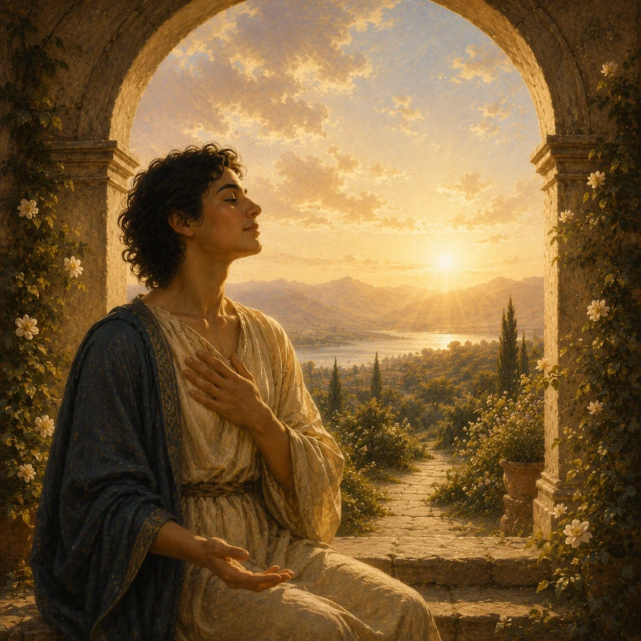 A standing figure beneath a sunlit stone archway gestures toward a garden path that opens into a golden landscape.