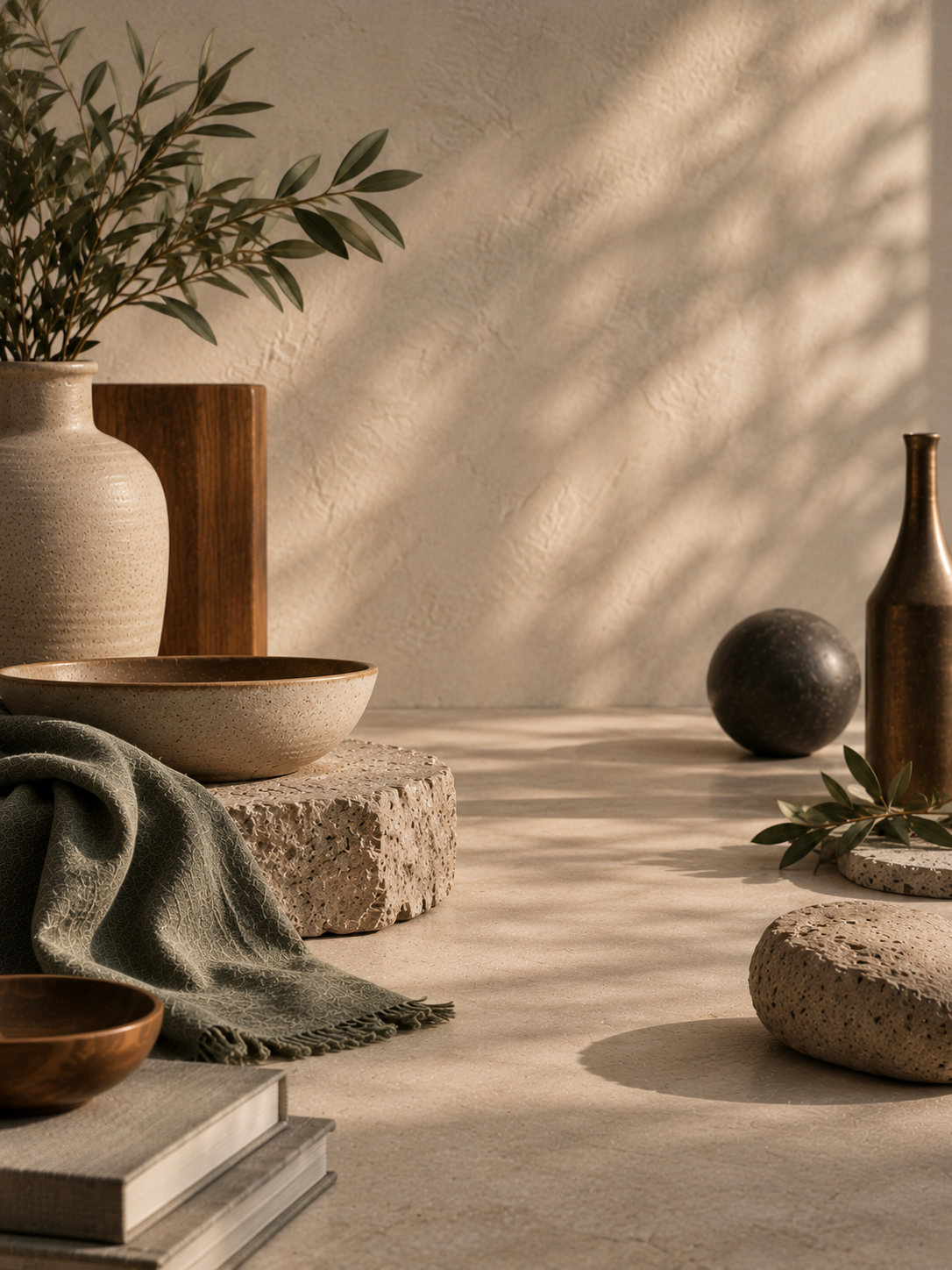 Ceramic, wood, stone, sage textile, and bronze forms surround a preserved open space in warm daylight, suggesting grief, memory, continued life, emotional room, and growing possibility.