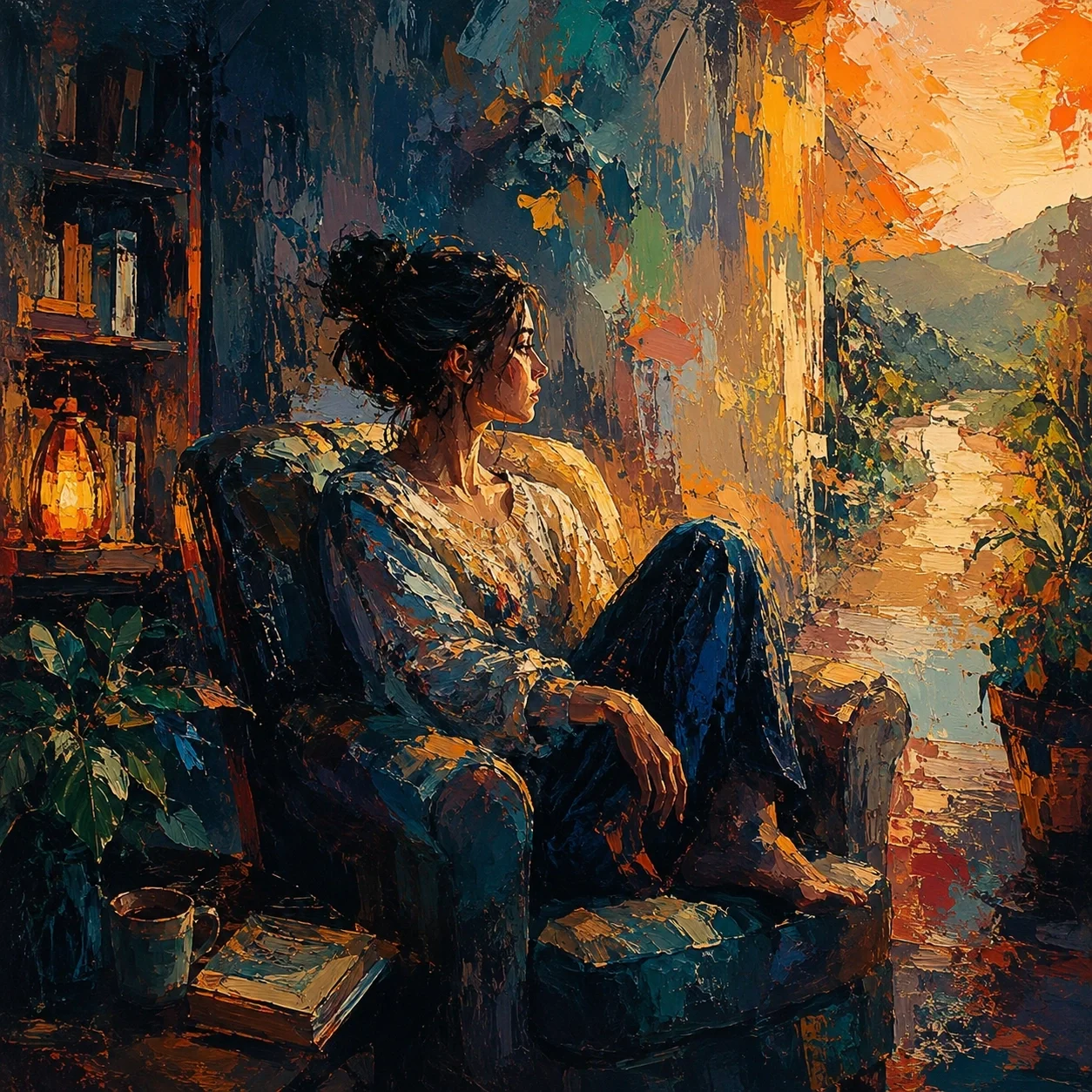 Expressionist-style image of an adult seated in a shadowed room, looking toward warm light and an open path that suggest depression, curiosity, and hope.