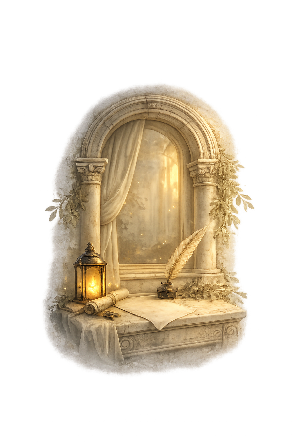 Classical writing desk vignette with parchment, quill, laurel branches, and warm lantern light.
