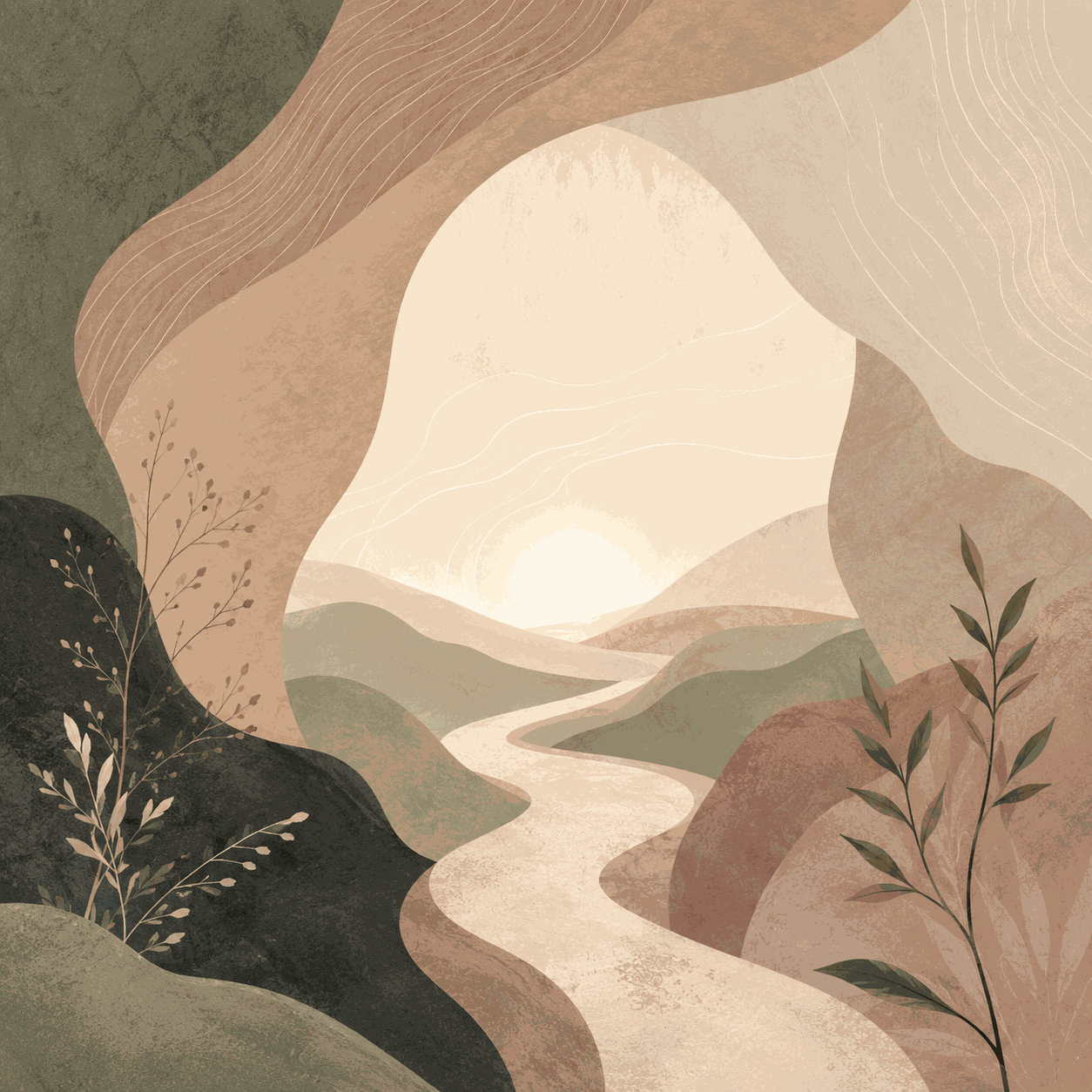 An abstract landscape with a soft winding path leading through layered hills toward a gentle opening of light, symbolizing trauma-informed therapy, safety, steadiness, and healing at a pace that feels manageable.