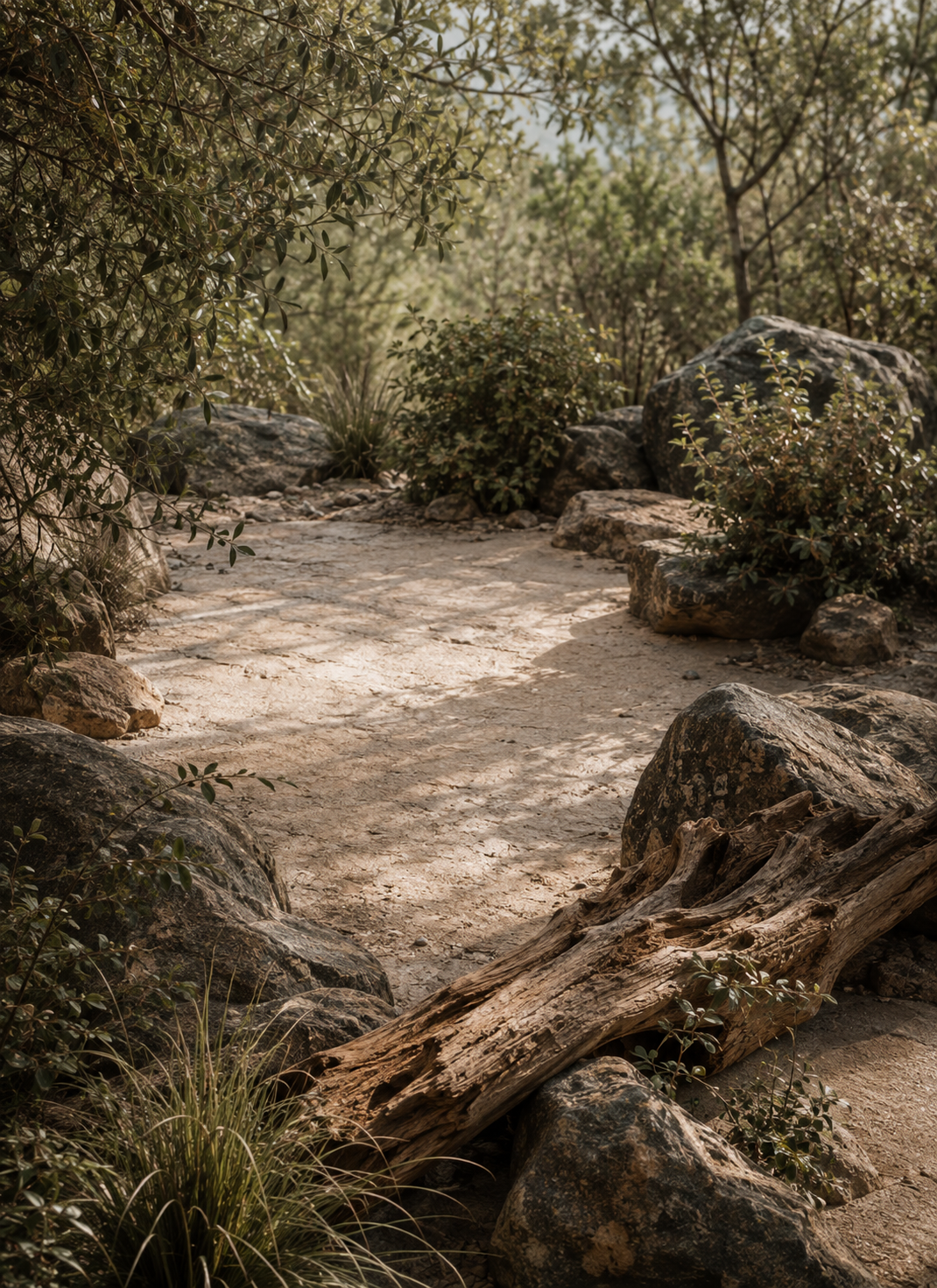 A quiet natural clearing where stone, earth and vegetation meet in soft daylight