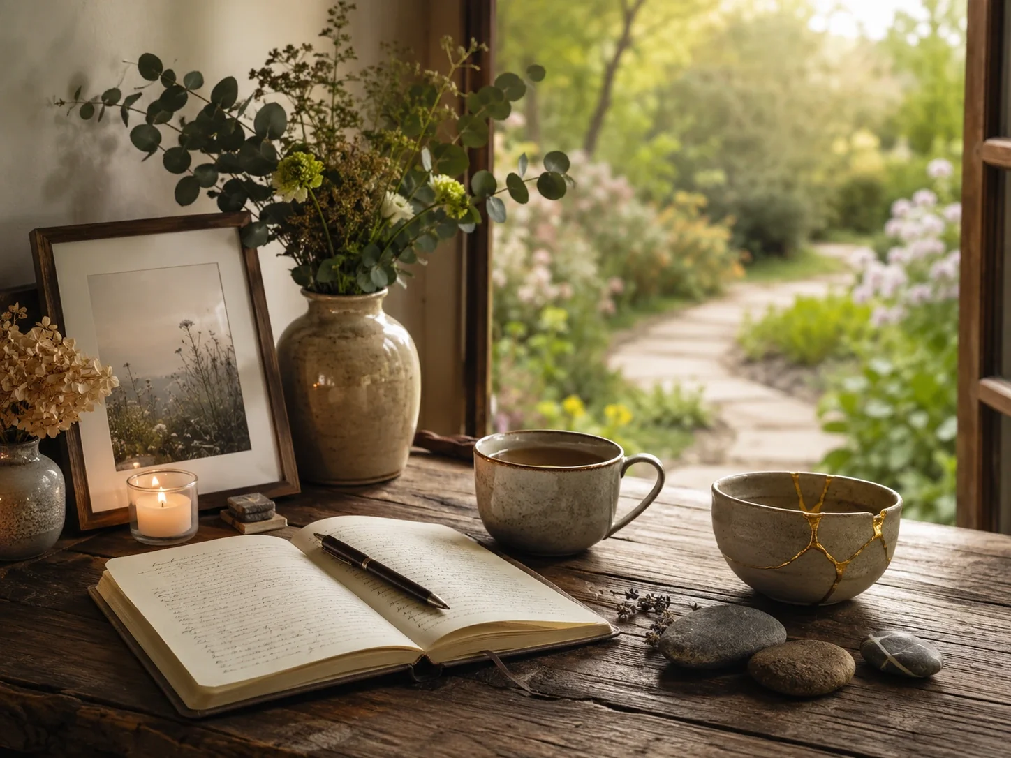Grief specialty page image with an open journal, tea mug, candle, framed nature photo, grounding stones, kintsugi-style bowl, flowers, and a soft garden path beyond the window.