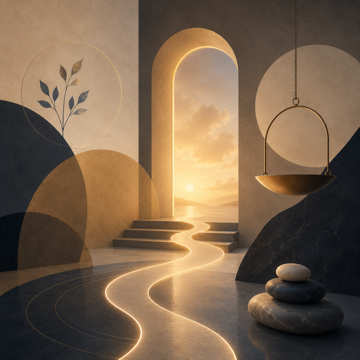 Conceptual artwork with a glowing path, balanced forms, soft stones, and a warm archway suggesting clarity and steadiness around private pay fees.