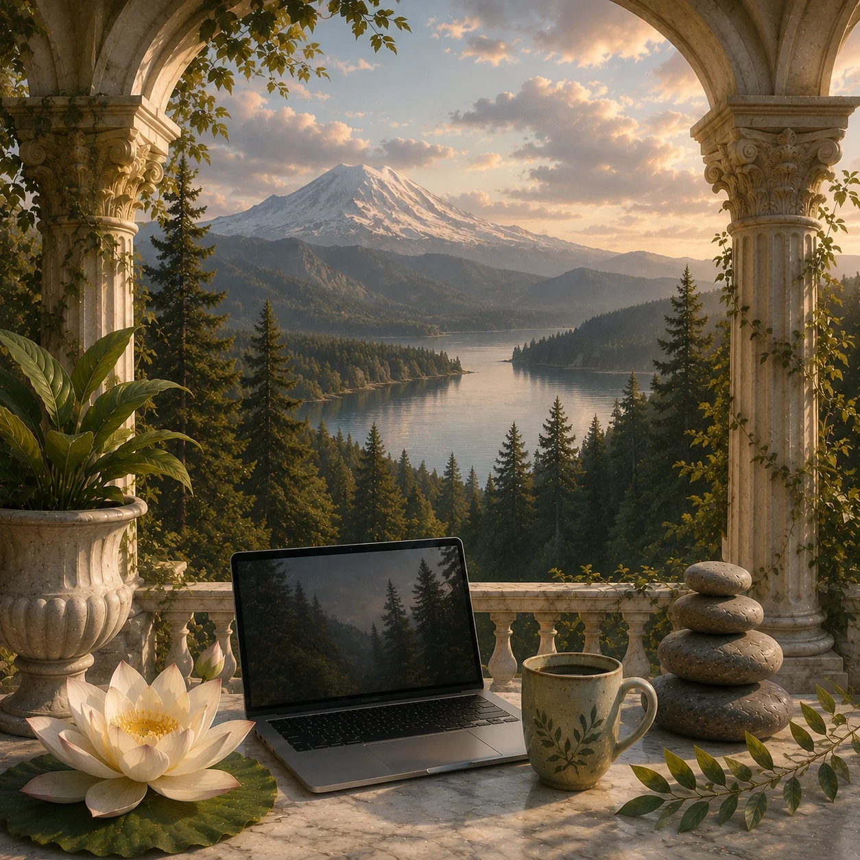 Neoclassical terrace with a laptop, lotus flower, balanced stones, evergreen forest, calm lake, and snow-capped Washington mountain landscape.