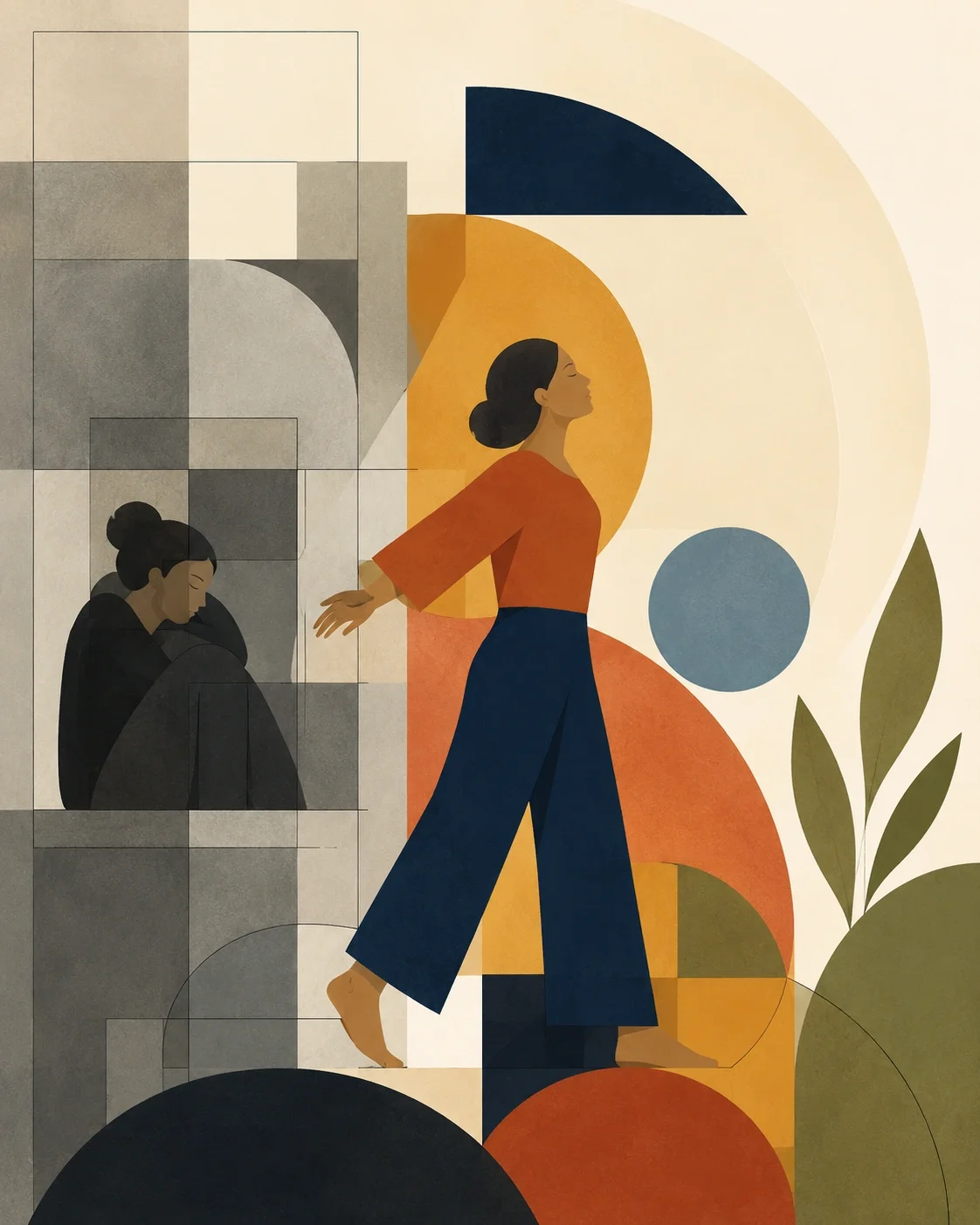 Abstract Bauhaus-style image of an adult moving from muted geometric constraint into warm color and open space.