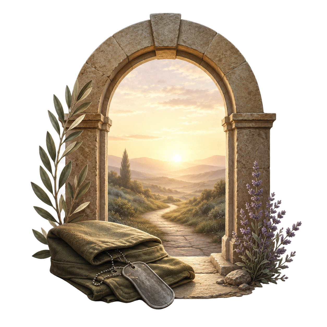 Stone archway opening to a sunrise path with folded olive cloth, dog tags, and lavender symbolizing dignified care for veterans.