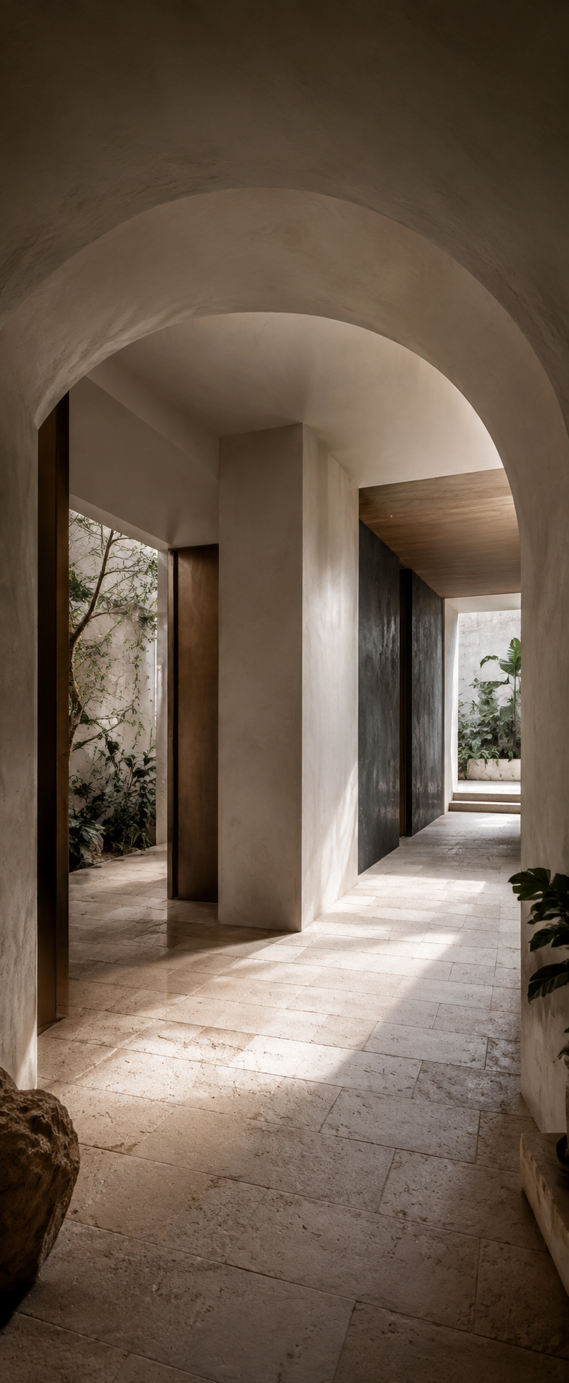 Quiet architectural walkway opening toward two equally inviting paths