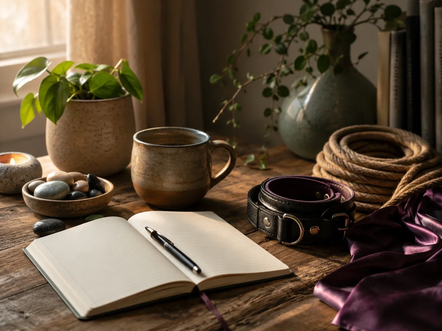 Warm kink-affirming therapy still life with an open journal, ceramic mug, grounding stones, candle, leafy plants, coiled rope, a leather cuff, and soft satin fabric in gentle window light.