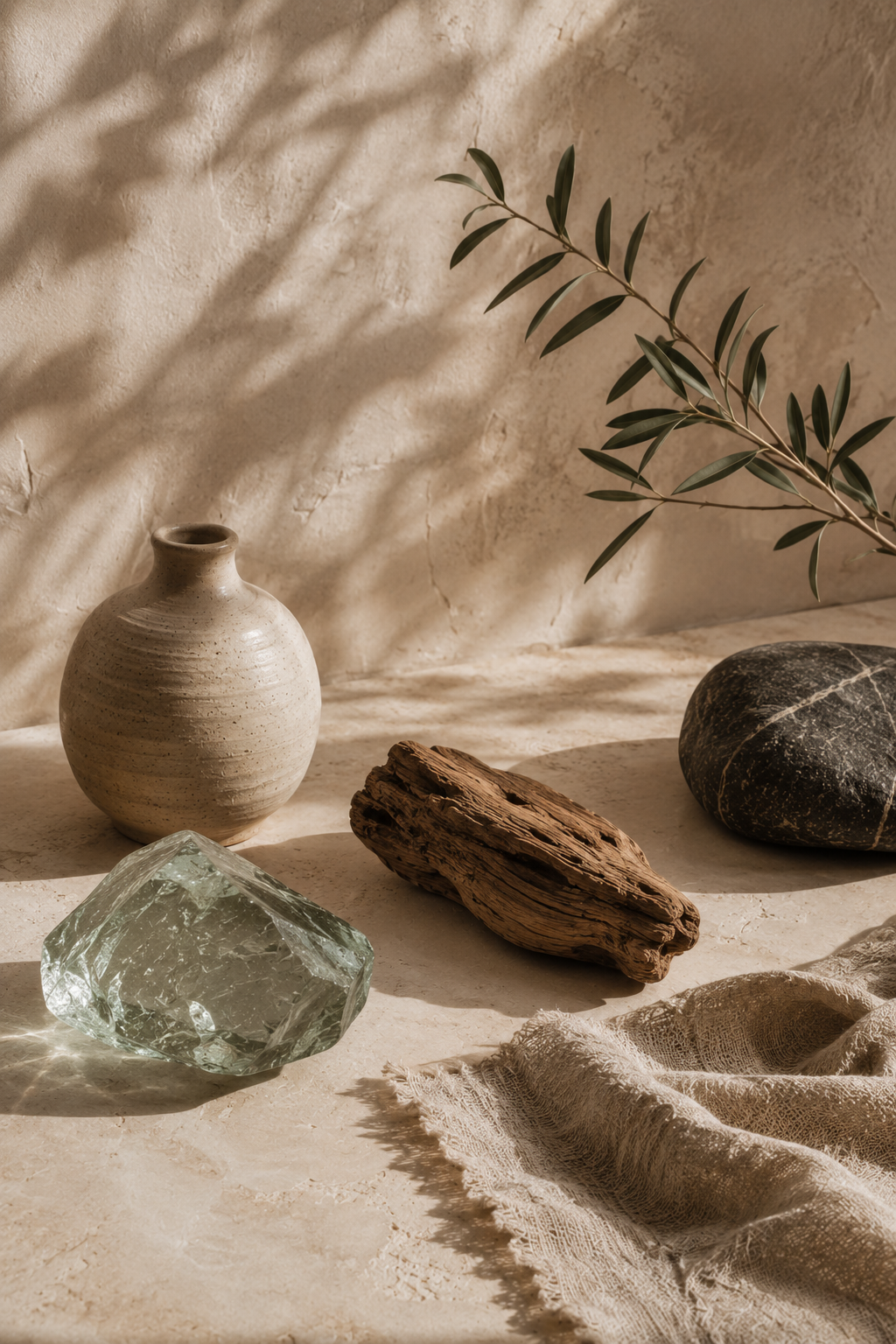 Distinct ceramic, glass, weathered wood, stone, linen, and sage foliage rest with generous space between them in warm natural light, suggesting individuality, autonomy, and belonging without conformity.