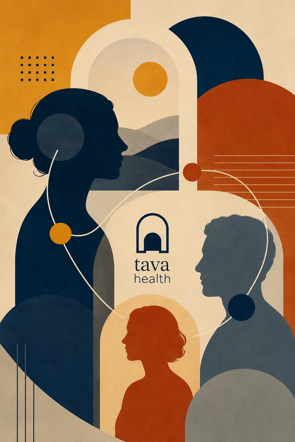 Conceptual vertical illustration of three connected human figures framed by arches, pathways, and warm geometric forms.