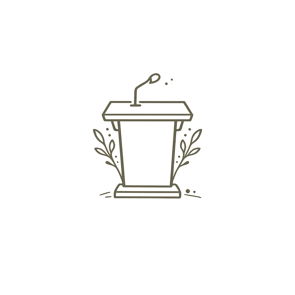 Minimal forest sage line-art icon of a podium with a microphone, framed by subtle botanical accents. The simple organic design symbolizes education, teaching, leadership, research, and sharing knowledge.