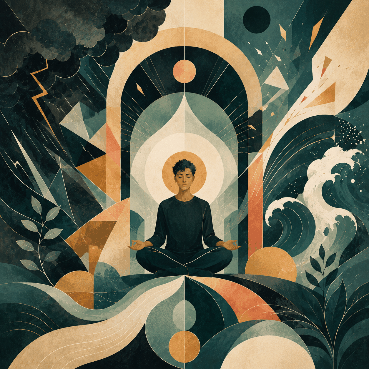 Avant-garde square illustration of a calm nonbinary person seated in meditation amid storm clouds, waves, and abstract geometric forms, symbolizing distress tolerance, grounding, and staying steady through intense moments.
