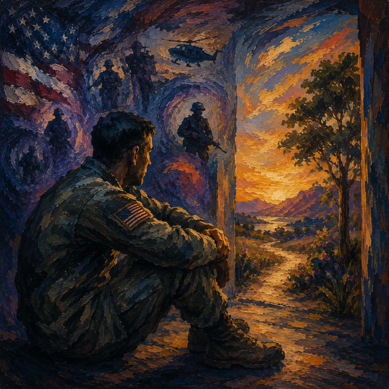 Expressionist-style image of a seated adult looking toward warm light, with abstract military-related memories suggesting stress, reflection, and transition.
