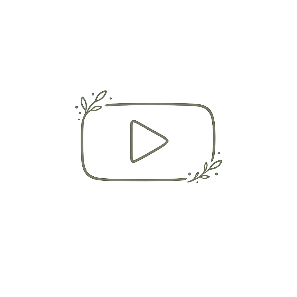 Minimal forest sage line-art icon of a play button inside a rounded media frame with subtle botanical accents. The simple organic design symbolizes learning, video resources, guidance, and accessible education.