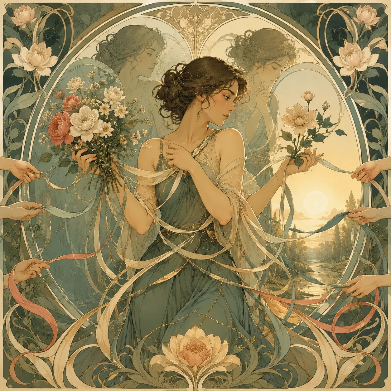 Art Nouveau-style illustration of a poised adult surrounded by mirrors, flowers, ribbons, and reaching hands, symbolizing perfectionism, people-pleasing, and the pressure to meet others’ expectations.