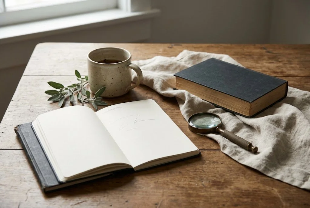 A rustic wooden table holds an open notebook with blank pages, a ceramic mug of tea, a closed dark book, a small vintage magnifying glass, and a sprig of sage leaves, with soft natural light coming from a blurred window in the background.