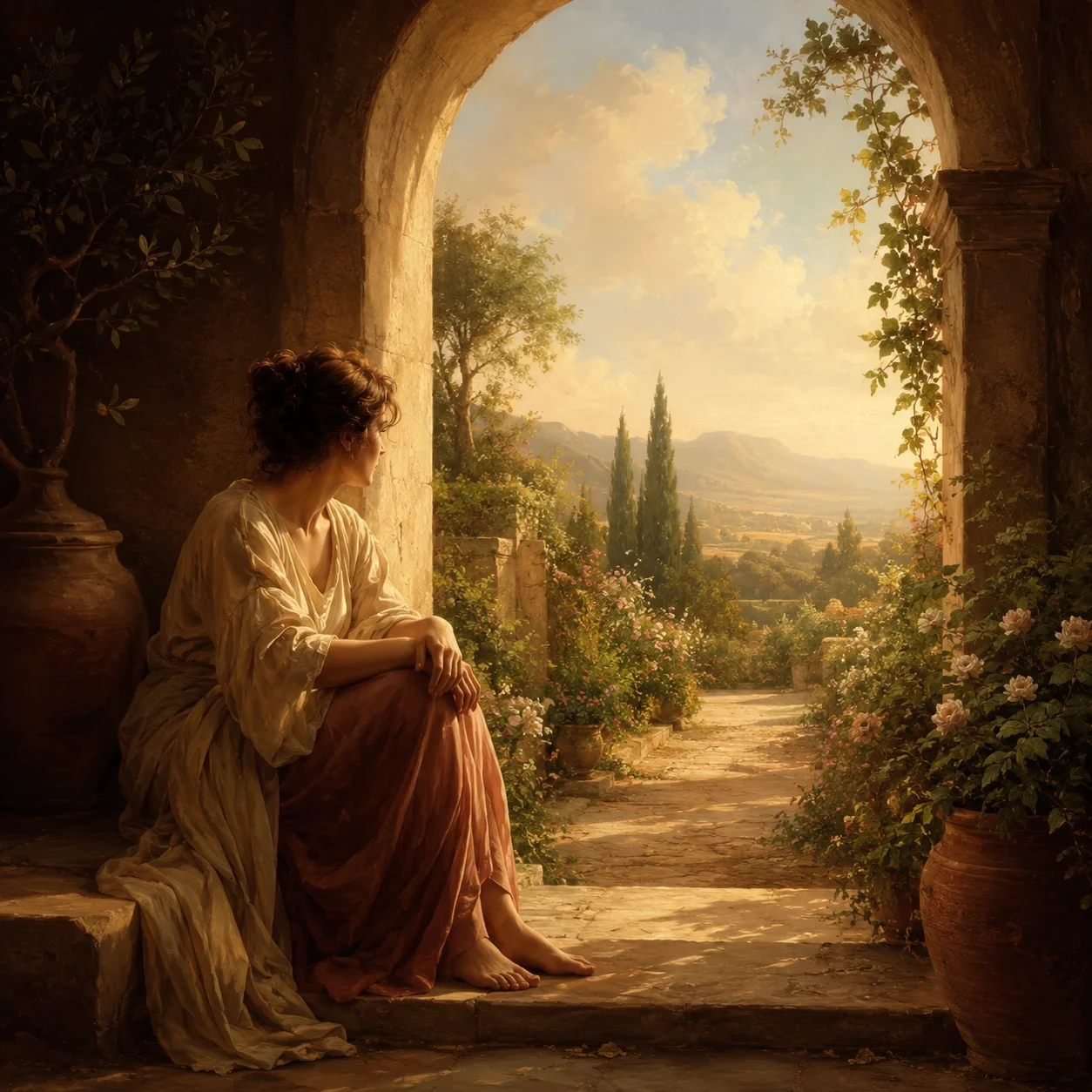 A seated figure rests in the shadow of a stone archway, looking toward a warm garden path and open sky.