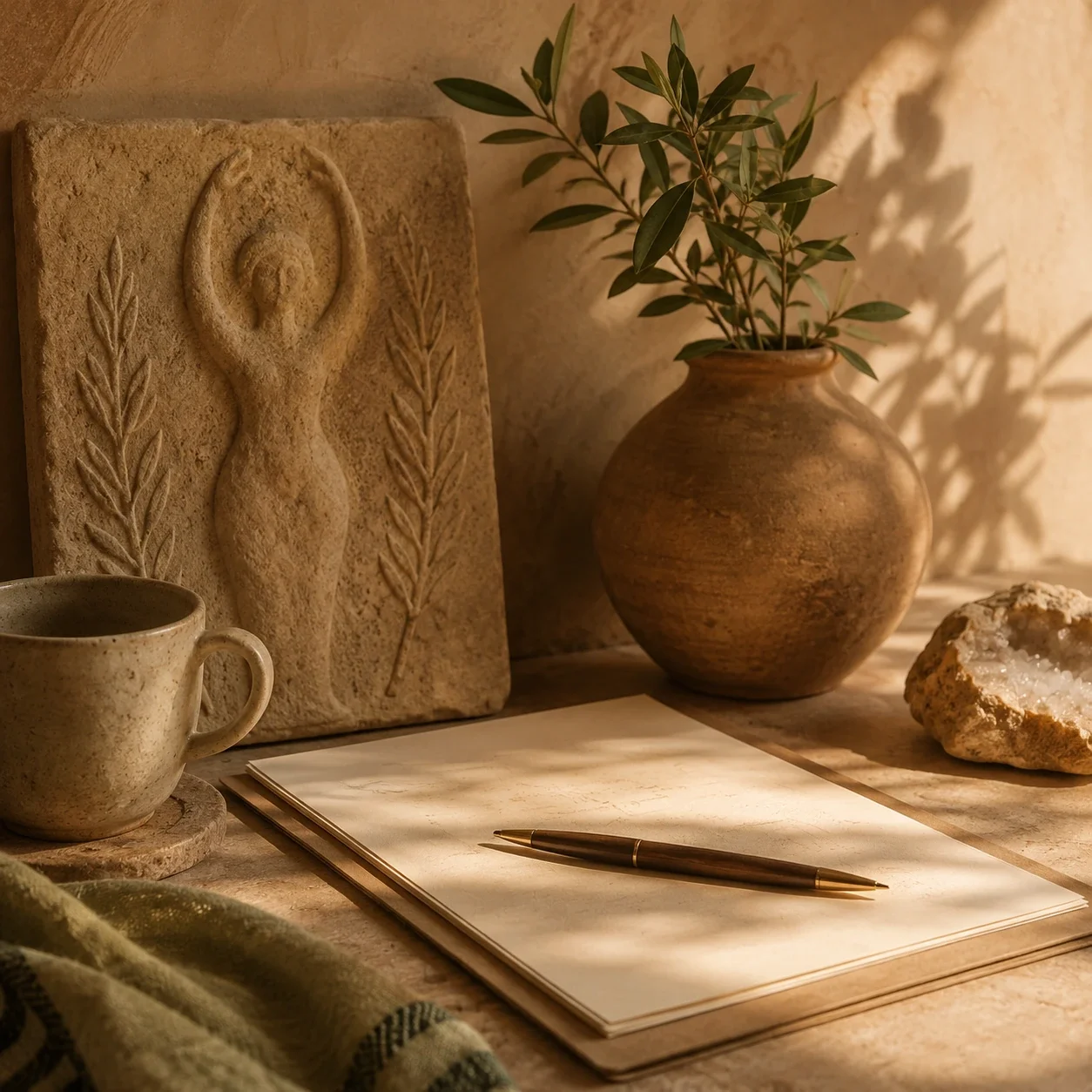 Warm ancient-art-inspired still life with consent documents, natural textures, plants, and soft reassuring light.
