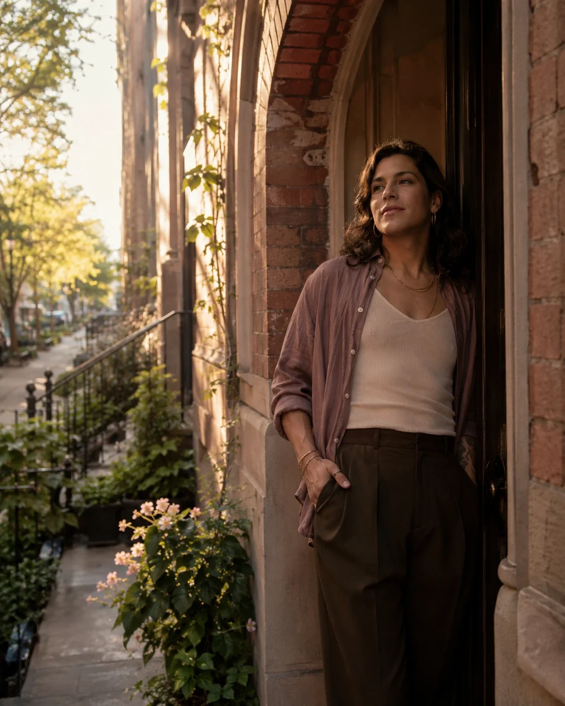 A confident person stands in a warm city doorway at golden hour, surrounded by brick, greenery, and soft urban light.
