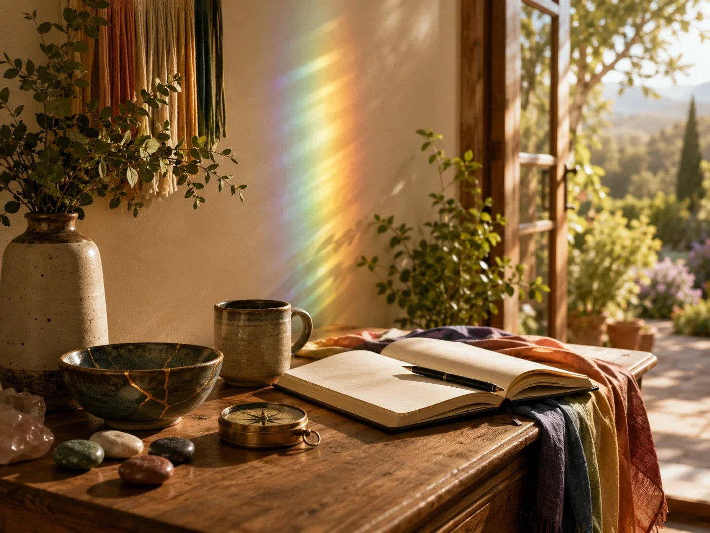 Warm LGBTQIA+ affirming therapy still life with an open journal, pen, ceramic mug, grounding stones, kintsugi bowl, brass compass, leafy greenery, soft rainbow light, and an open doorway to a sunlit garden.