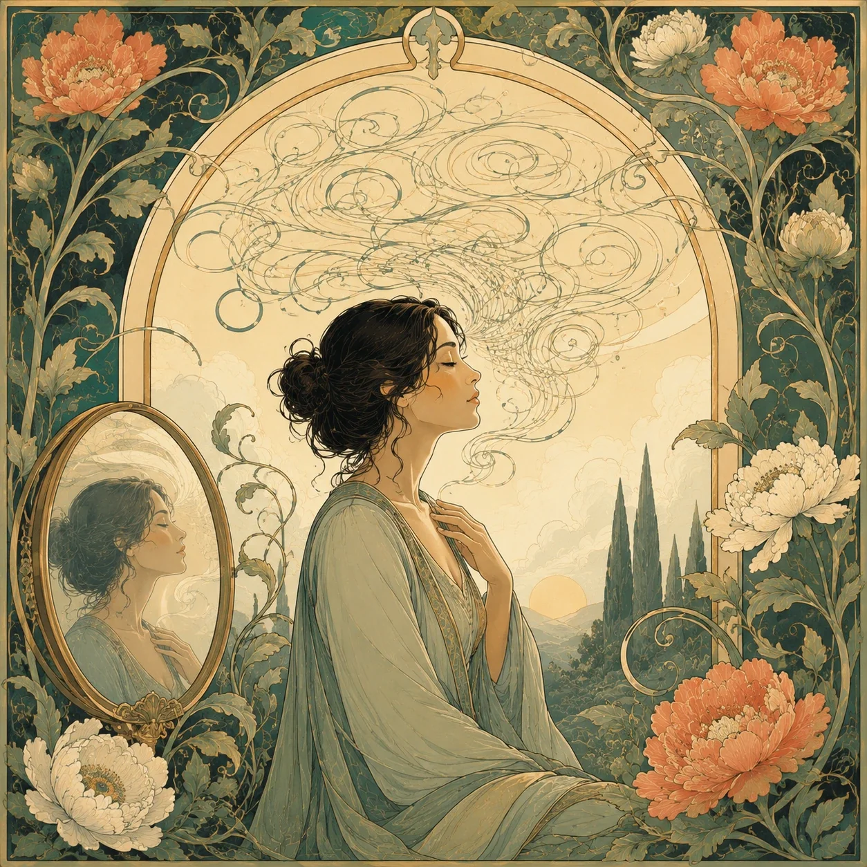 Art Nouveau-style illustration of a calm adult surrounded by looping thought-like lines, symbolizing automatic thoughts becoming visible through reflection and awareness.