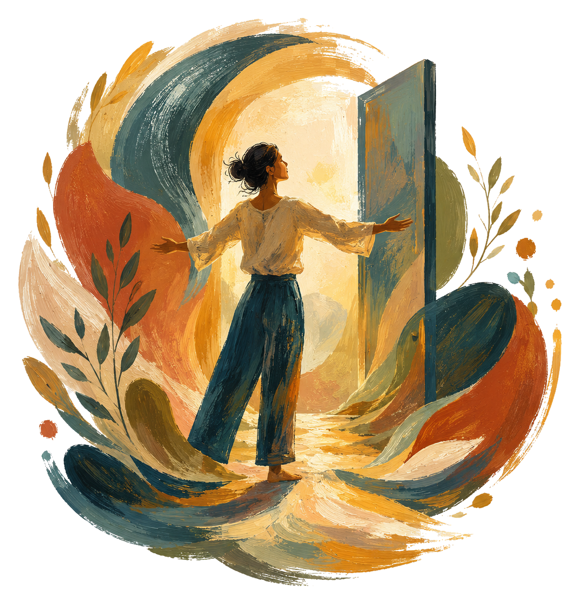 Expressionist-style icon of an adult standing openly before a doorway, surrounded by warm brushstrokes and natural shapes suggesting wholeness and spacious care