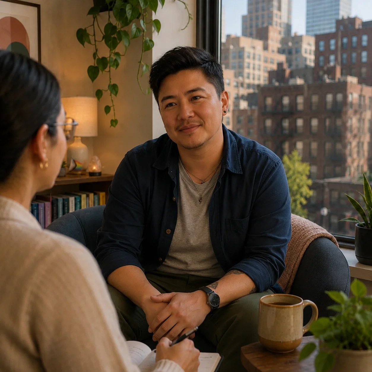 An Asian American trans man sits in a warm urban therapy space, speaking with a supportive person while city buildings show through the window.